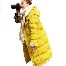 Женская зимняя хлопковая куртка новая Корейская длинная Высококачественная ультратеплая желтая однобортная хлопковая куртка с капюшоном A118