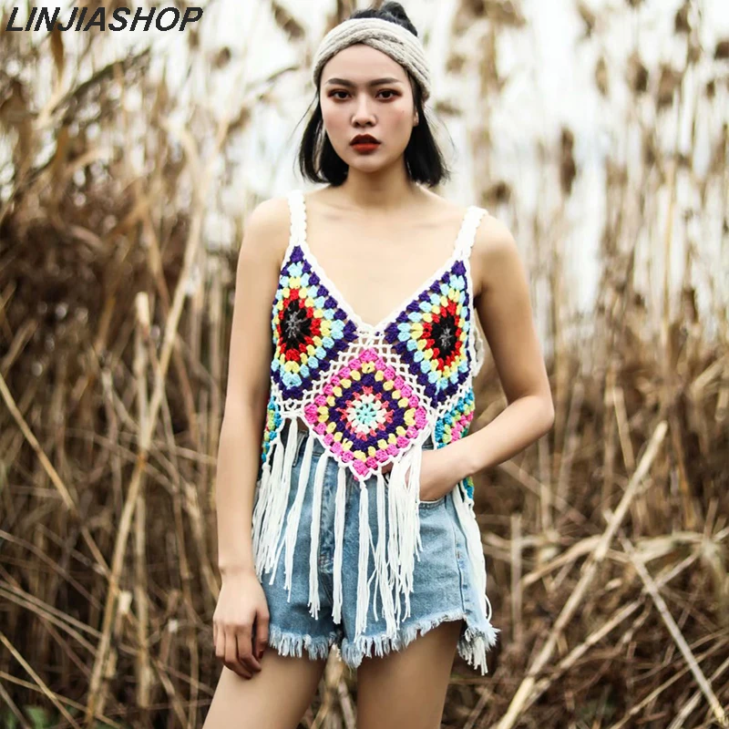 

Hand crocheted knitting tassels summer tops hollow out black white patchwork crop top beach backless tank top bohemian camis