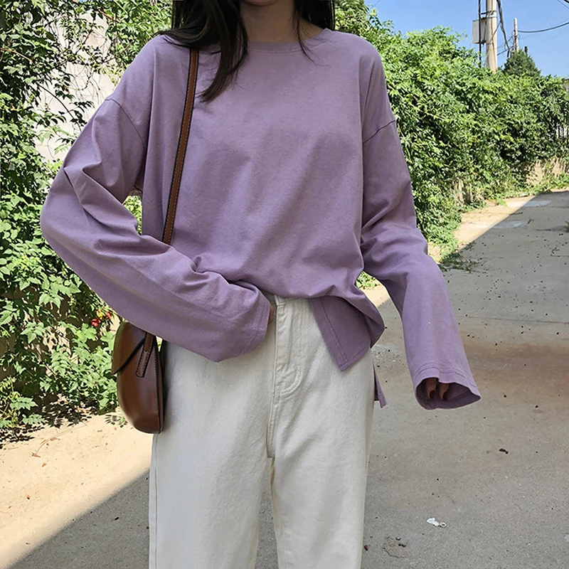 Dip Hem Split Side Casual Tops Autumn New Style Solid Round Neck Long Sleeve Loose T-shirt 6 Colors Hot Sale