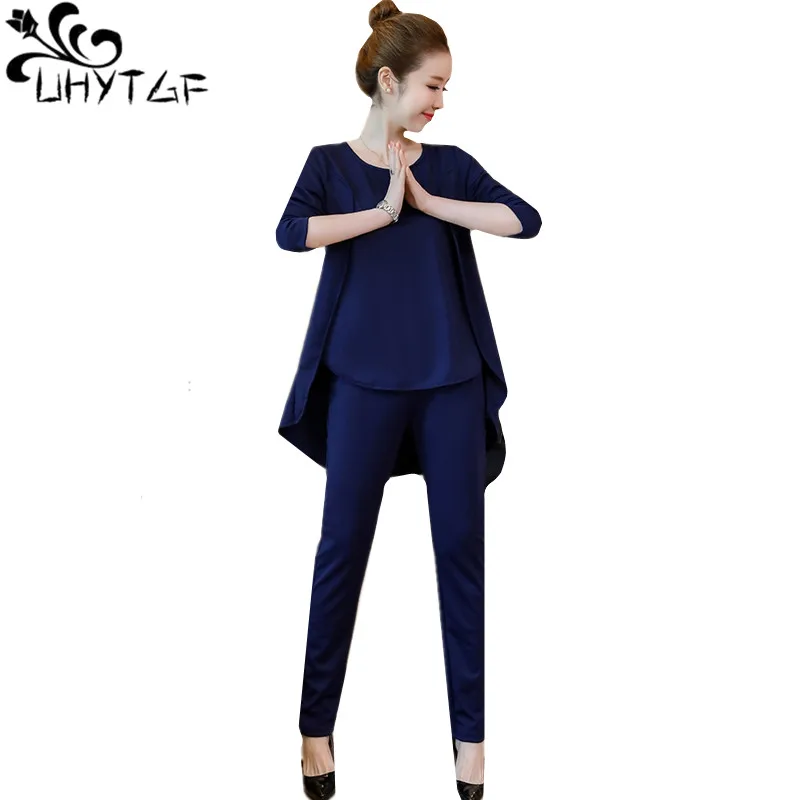 

UHYTGF 5XL Women Spring Autumn Two-piece Set Loose plus size suit female Casual fake two-piece top + pants Sports Women sets 613