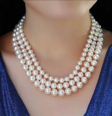 

ddh001516 triple strands 8-11mm round Akoya white pearl necklace