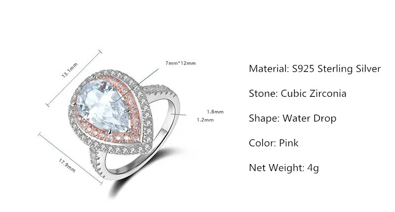 S925 Серебро Изящные ювелирные кольца для Для женщин капли воды розовый фианит Diamant большая груша Форма свадебные кольца