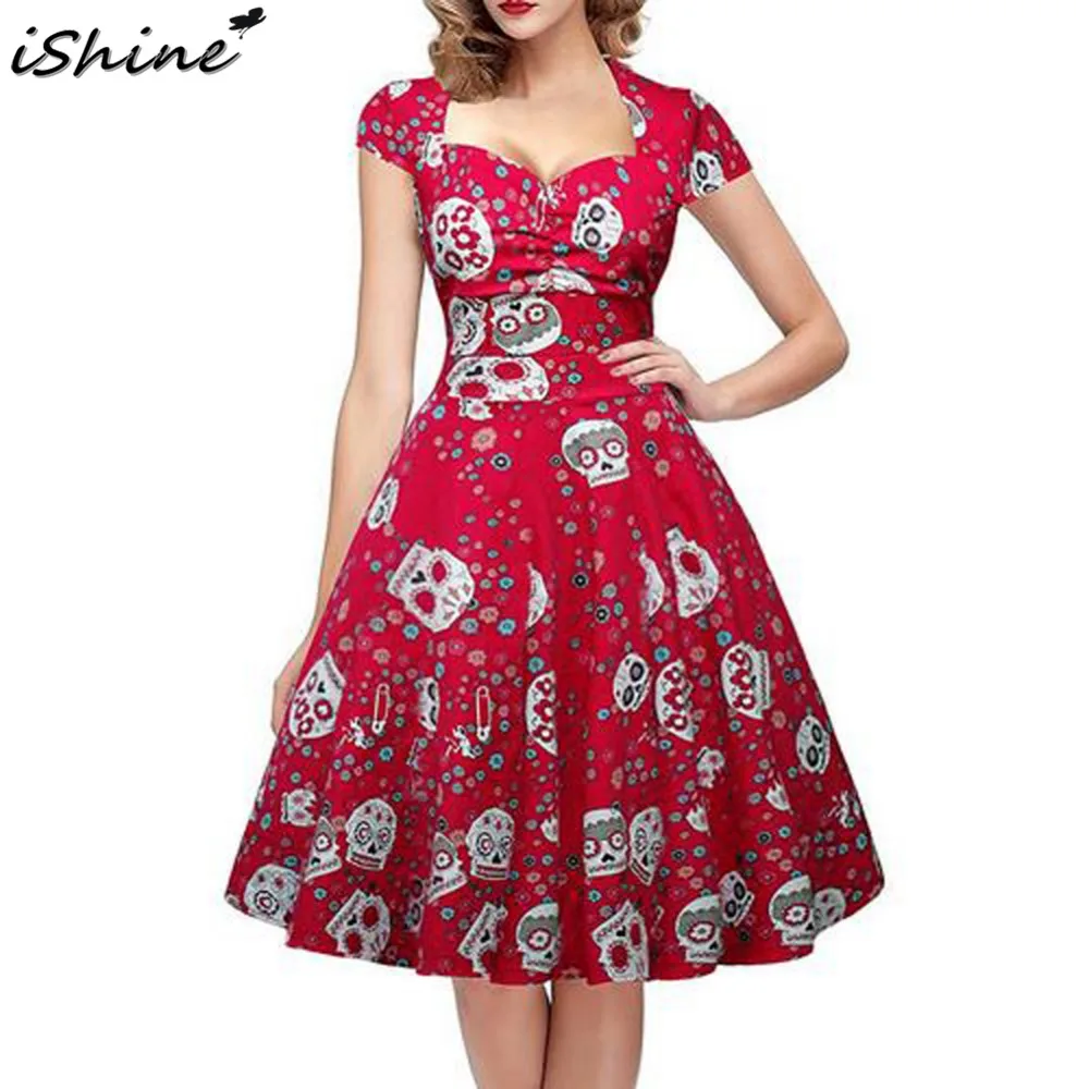 Дешево IShine лето череп голова Печатный короткий рукав v образный вырез рокабилли платье женское 50 60 s pin up элегантное праздничное платье vestidos плюс ра...