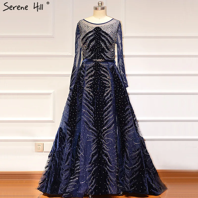 

Luxury Navy Blue Latest Design Prom Dresses 2019 Long Sleeves A-Line Sexy Prom Gowns Serene Hill BLA60914
