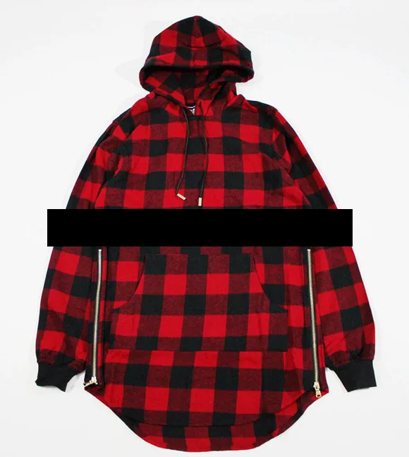 mens fashion side zipper designer hooded plaid flannel shirt black and