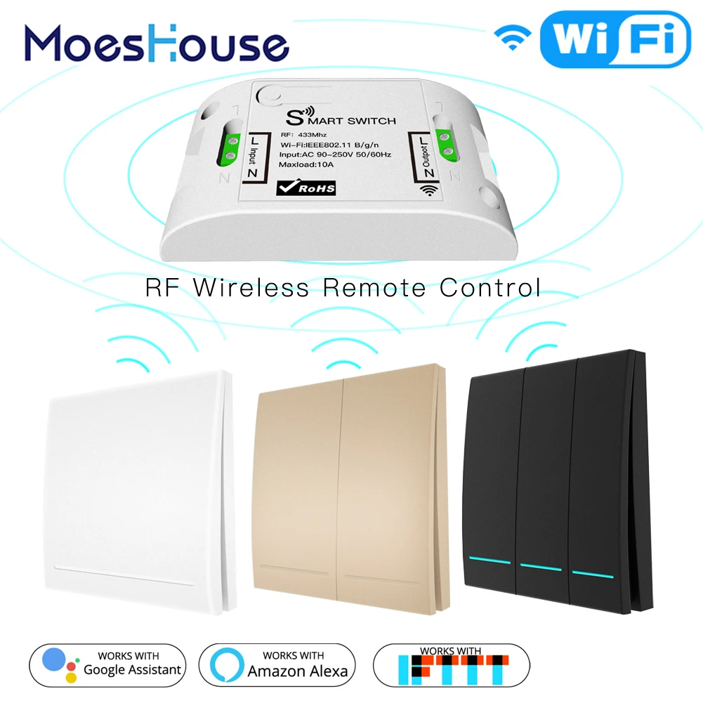 

RF433Mhz+Wifi Wireless Remote Control Smart Switch,Wall Panel Transmitter ,Smart Life/Tuya APP ,Works with Alexa Google Home.