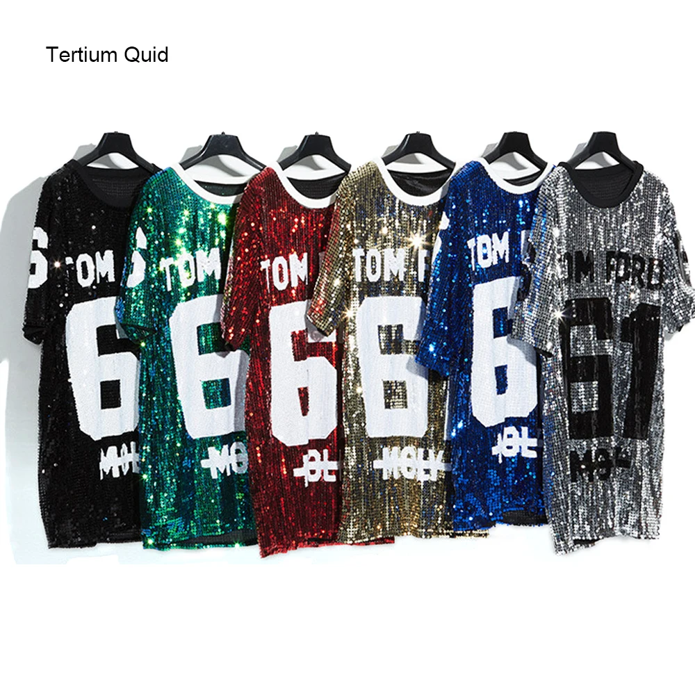 Women T Shirt Dress Vestidos De Playa Glitter Sequin Dress O Neck Long Keen Length Dress