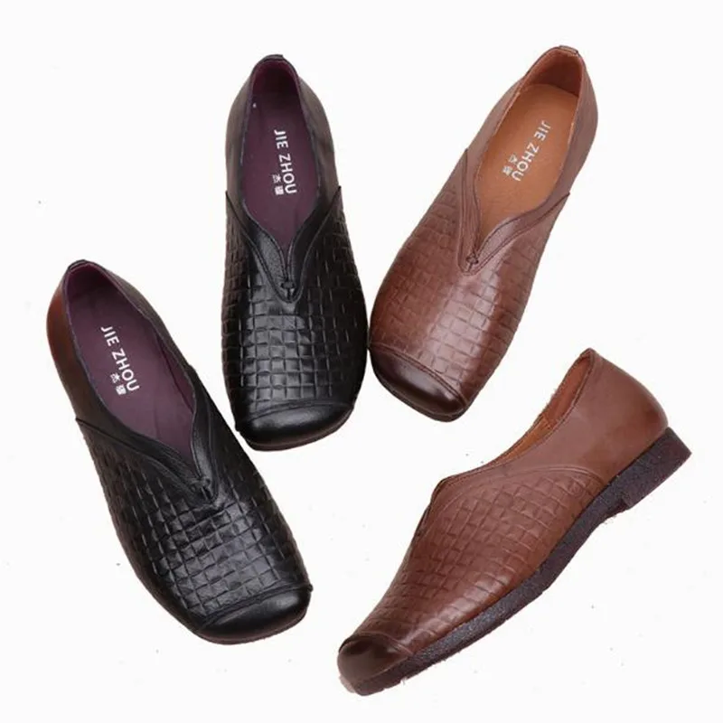 Carré Brun Main Mou Cuir tissé Black Chaussures Vache Noir Automne brown Style Femmes De En Maman Rétro Plat Fond Nouveau Printemps InP16nY