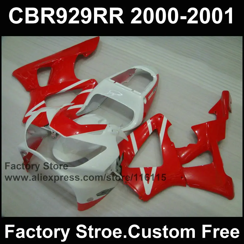 Custom free motorcycle fairings kit for HONDA CBR 929RR 2000 2001 CBR929RR CBR 900RR 00 01 red white aftermarket fairings set