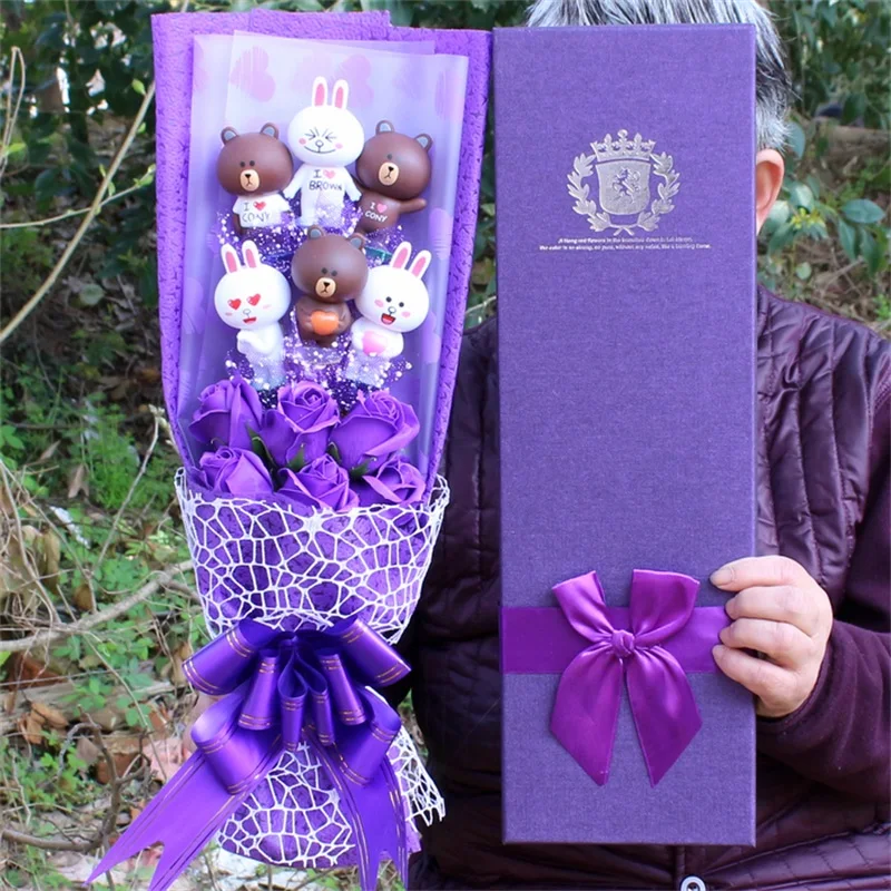 

Lovely bear and rabbit dolls cartoon bouquet gift box with soap flowers Graduation/Birthday/Valentine gifts