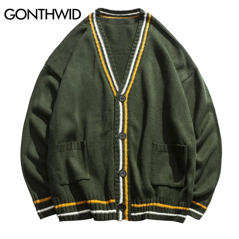 GONTHWID Men Knitted Striped Cardigan Sweaters 2018 Casual
