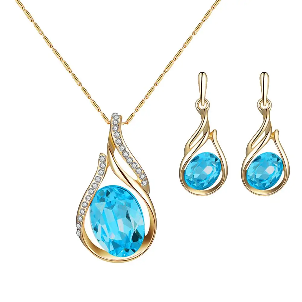 Women Rhinestone Oval Faux Quartz Pendant Ear Stud Earrings Necklace Jewelry Set party engagement New | Украшения и аксессуары