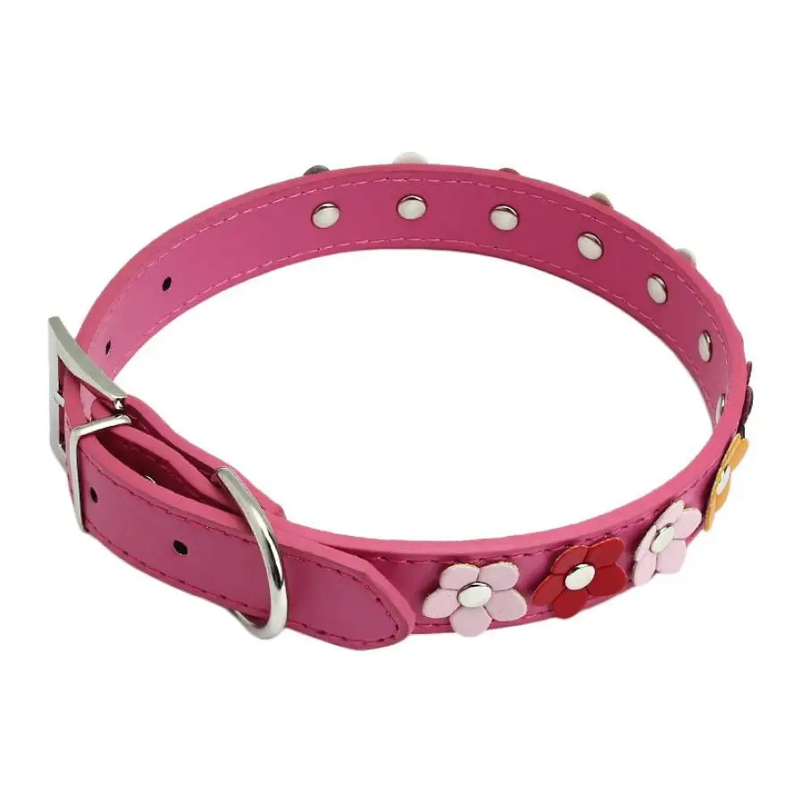 Dog Collar Sweet Flower Studded Puppy Pet Collar Leather Buckle Neck Strap Collars XT