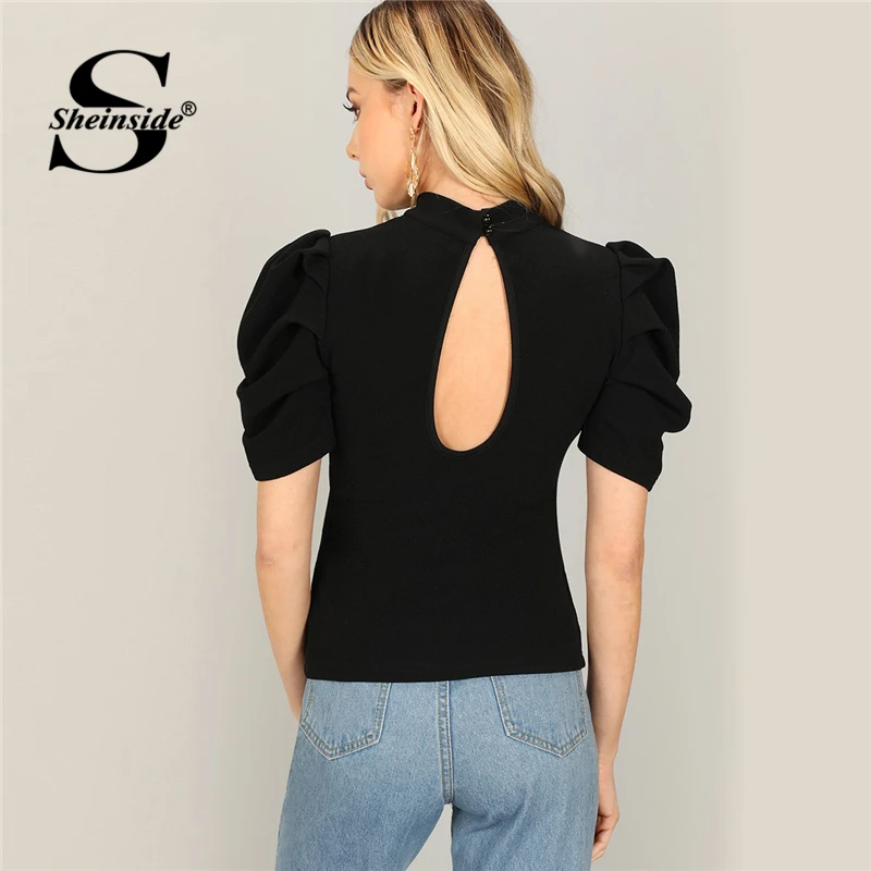 

Sheinside Puff Sleeve T shirt Women Sexy Cut Out Back Tops 2019 Summer Turtleneck Short Sleeve Female T-shirt Black Elegant Tees