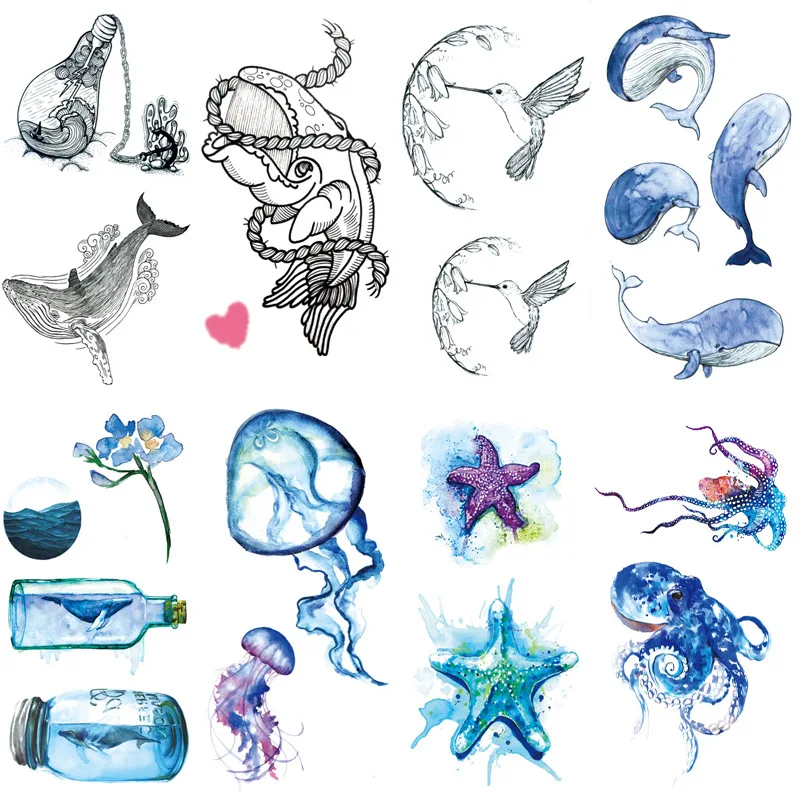 584 Kesmall 30 Pièces Conception Chaude Poisson Autocollant De Tatouage Temporaire Hommes Femme étanche à La Main Faux Tatouages Oiseau Fleur Art