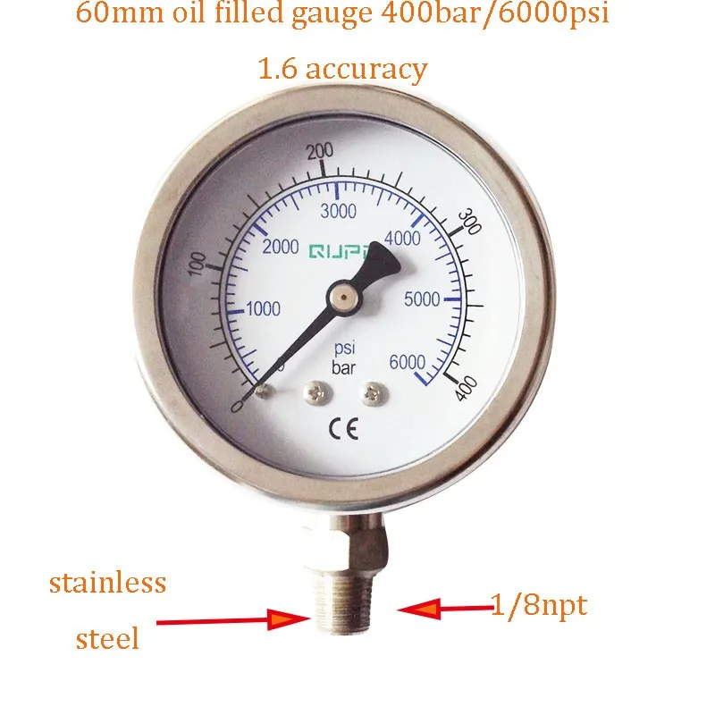 PCP Пейнтбол Манометр высокого давления заполненный маслом 63 мм измерительные приборы из нержавеющей стали подключение 1/8NPT 1,6 точность