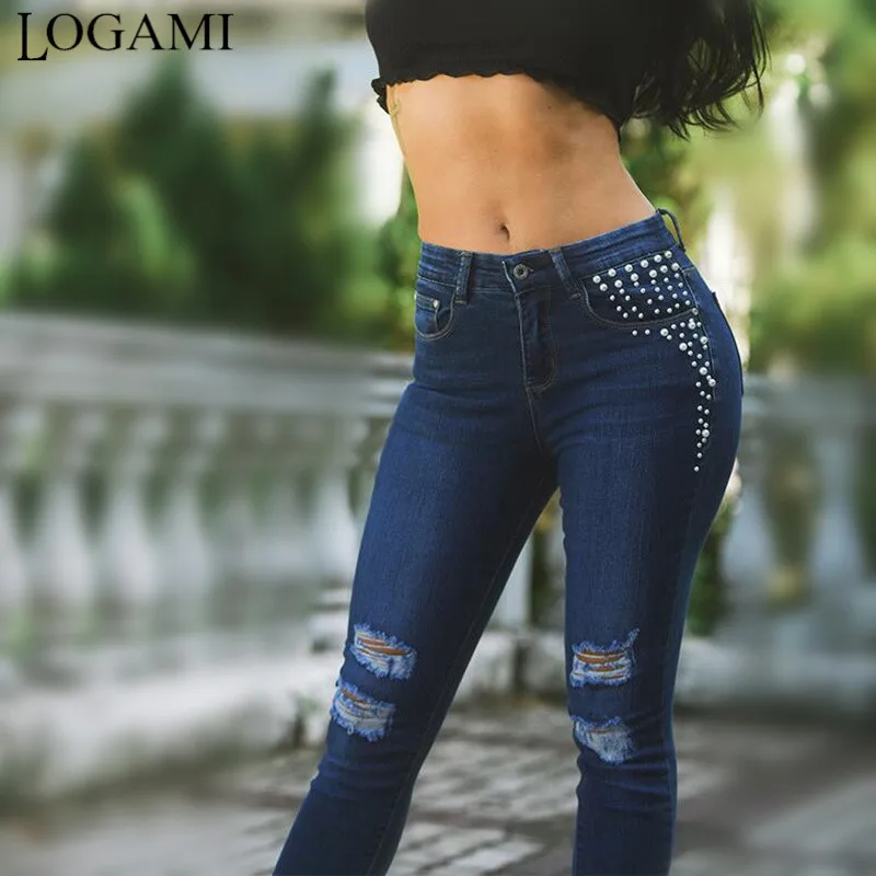 LOGAMI-pantalones rasgados con tachuelas perlas para mujer, Jeans elásticos, ajustados, Vintage - AliExpress