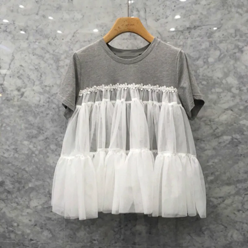 

TVVOVVIN 2019 Spring Summer New Women T Shirt Wild Fashion Casual Mesh Stitching T-shirt Female Short-sleeved Cotton Tops V890