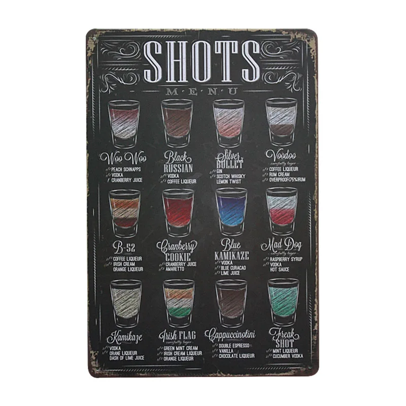 Shots Menu Cafe Bar Pub Настенный декор металлический знак винтажный домашний Оловянная
