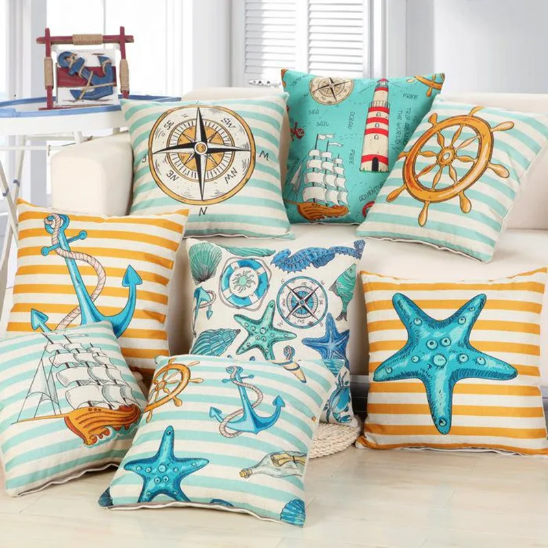 Nautical print linen stripe cushion cover anchor rudder sea star