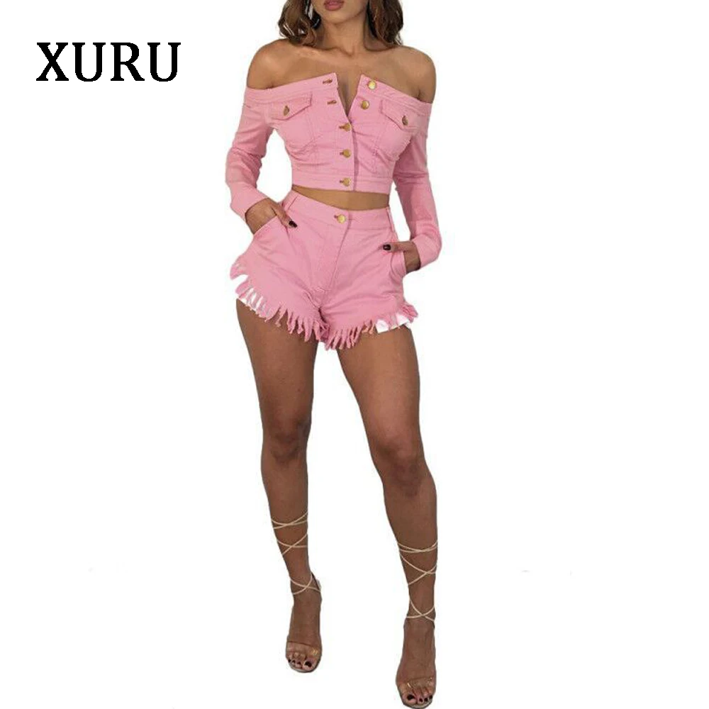 

XURU Women Two Piece Set Tassel Jumpsuit Rompers Sexy Off The Shoulder Long Sleeve Button Pockets Rompers Womens Pink Playsuits