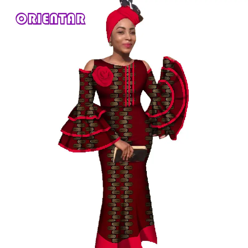 2019 Африканское традиционное весеннее женское платье ORIENTAR с длинным Расклешенным рукавом длинное, узкое платье для женщин с шарфом WY2779