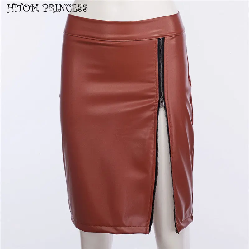 HITOM PRINCESS Women PU Leather Pencil Skirts Zipper Sexy High Waist Skirt Female Split Bodycon Short Mini Skirts Saias - Цвет: Brown