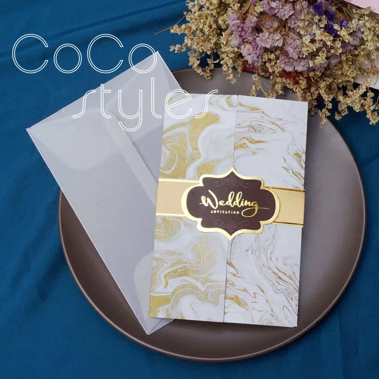  Cocostyles custom luxury white gold design invitation card with tracing paper envelope for royal we - 32890510614