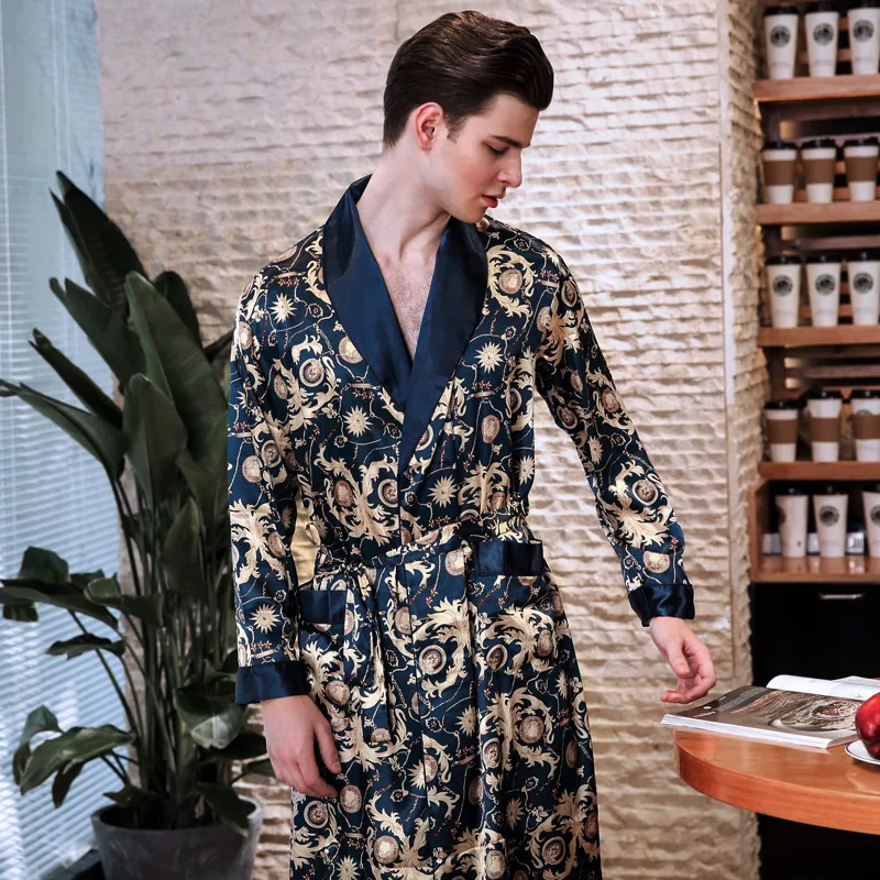 Autumn Men Luxury Smooth Satin Faux Silk Sleepwear Male Kimono Mens