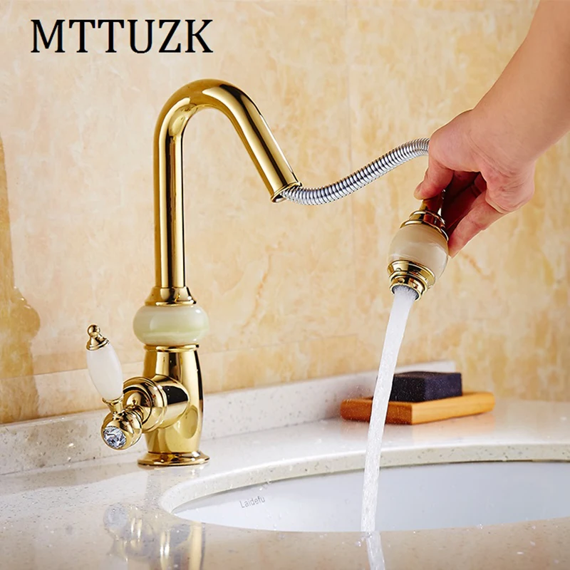 Rose Gold With Jade Kitchen Sink Pull Out Spray Mixer Swivel Brass Faucet Taps