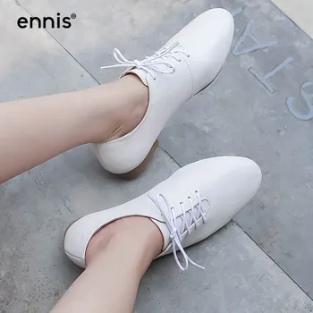 

ENNIS 2019 Women Lace Up flat Vintage Shoes Genuine Leather Loafers Beige Black Spring Casual Shoes Fashion Designer Flats C904
