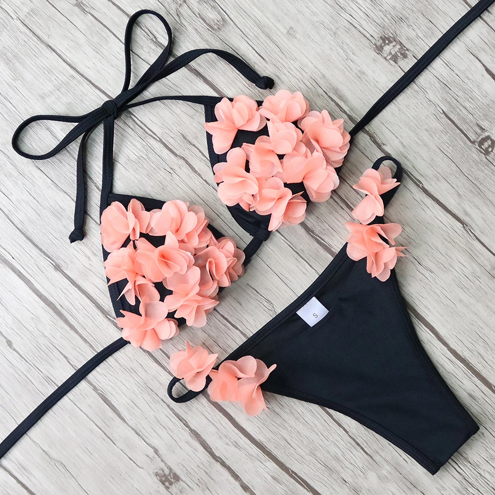 Bikini Floral 2019 Solid Swimsuit mujeres de cintura baja Bikini Set con flor decoración playa traje de baño con almohadilla