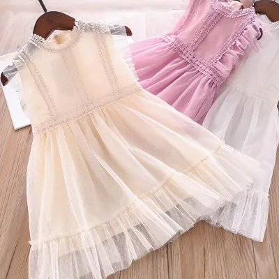 

Roimyal Wholesale 2019 summer 3 color girls lace flowers wavelet point dress sweet mesh dress solid color party dress