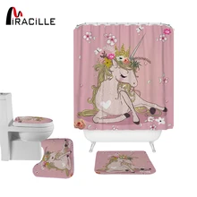 Miracille Unicorn Shower Curtain Toilet Mat Sets Pink Waterproof Polyester Fabric Hooks Bath Curtains Non-slip Mats For Girls Miracille Unicorn Shower Curtain Toilet Mat Sets Pink Waterproof Polyester Fabric Hooks Bath Curtains Non-slip Mats For Girls