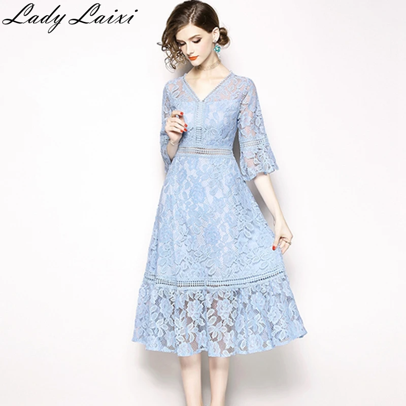 

2019 Spring Summer Vintage Hollow-out Women V-neck Lace Dress Elegant Female Party Dress Full Sleeve Work Vestidos