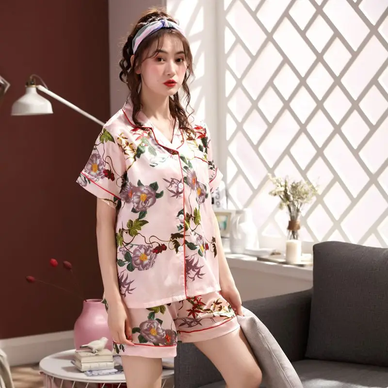 

Women Home Clothes 2019 Summer Silk Pajamas Set for Women Print Short Pant Luxury Sexy Women Sleepwear Set WomenTwo Piece