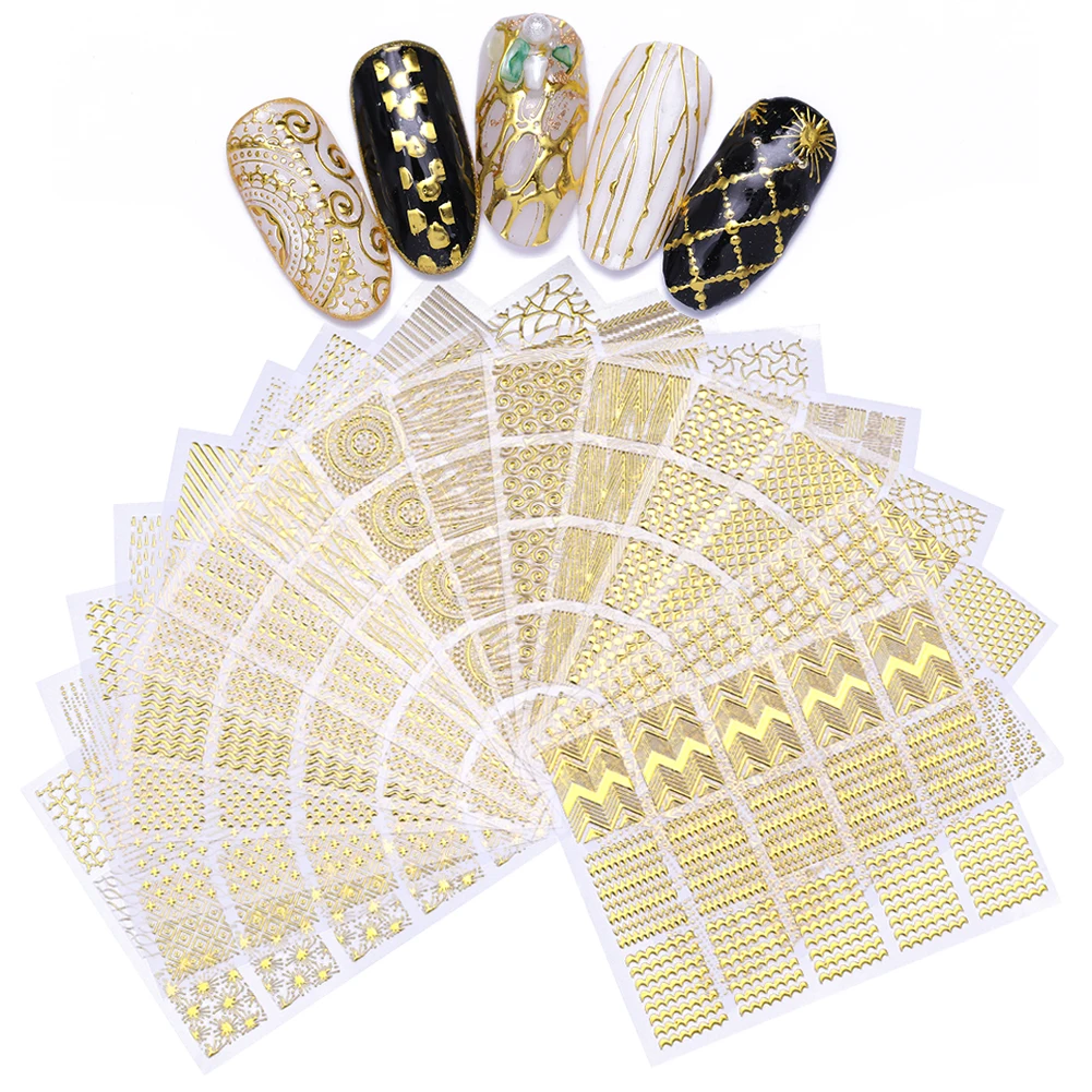 Золотой 3D стикер для ногтей геометрический узор Сердце Звезда полосы волна переводная наклейка s украшение для ногтей