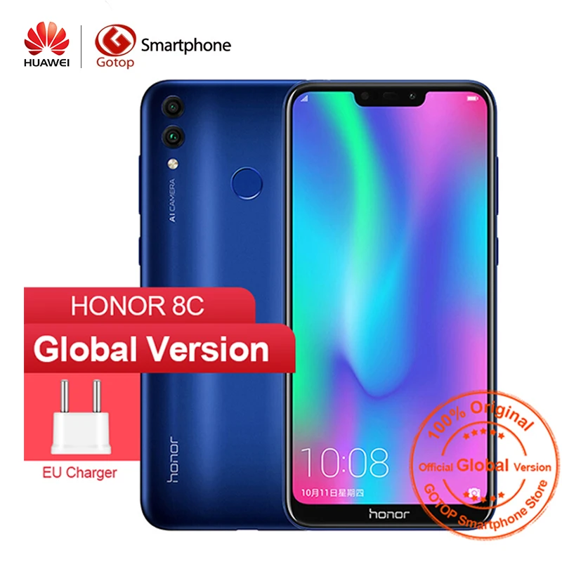 Глобальная прошивка 4 Гб 64 Honor 8C 4000 мАч смартфон 6 26 &quotSnapdragon 632 Восьмиядерный Android 8 1