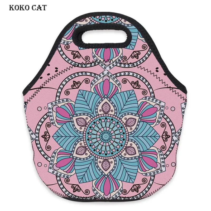

Women Lunch Bag 3D Printed Mandala Flower Pink Waterproof Neoprene Portable Lunch Bags Ladies Fashion Travelling Snack Bag