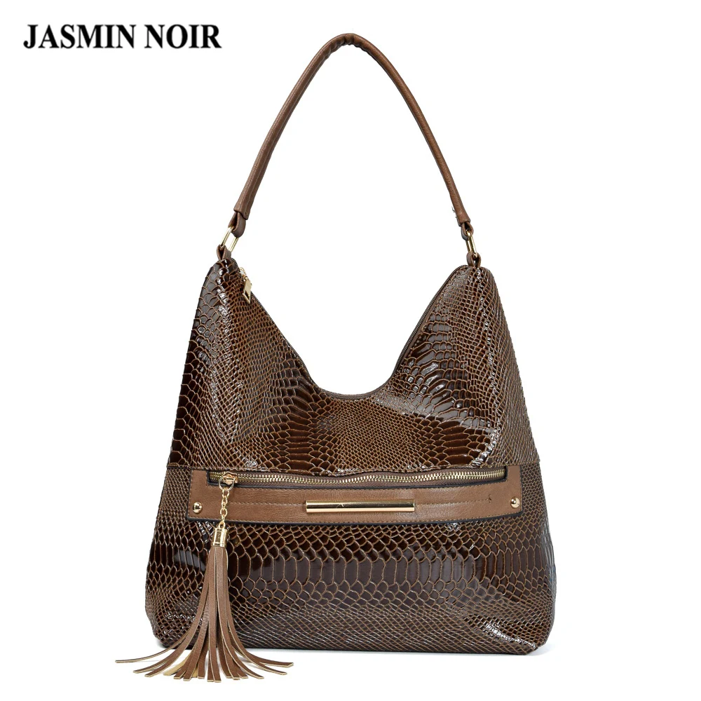 النساء الفاخرة شرابة بو الجلود هوبوس حقائب كتف سستة مصمم الأفعى نمط كبيرة أعلى مقبض حمل حقيبة حقائب يد للسيدات