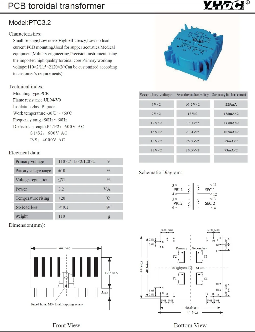 PTC3.2 для аудио использования 3.2VA 2*115V 2*15V тороидальный трансформатор, Инкапсулированный трансформатор