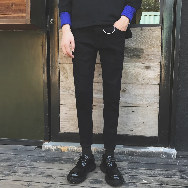 

2019 Men's metal ring buckle decorative jeans suit pants fashion trousers black SKINNY casual pants S-2XL
