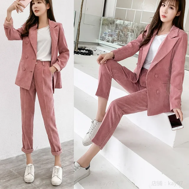 pink Gold velvet Pant Suits two piece set Women Casual Office Business  Corduroy Formal Work Wear Sets Uniform Styles Elegant