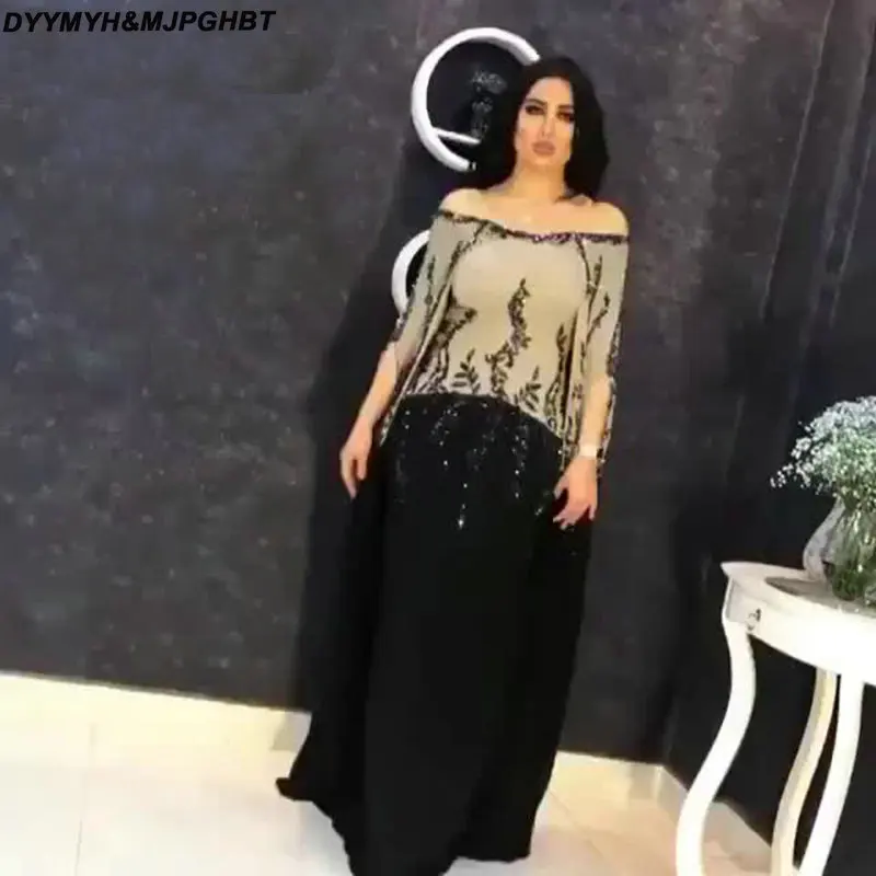Long Black and Champagne Chiffon Crystals Beads Formal Women Dubai Arabic Evening Dress 2019 Vestido Sexy Fiesta Noche_