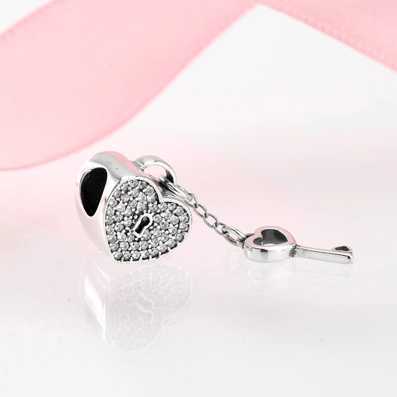 925 стерлингового серебра романтическое любящее сердце замок ключ CZ Ювелирные изделия из бижутерии изготовление подходит Pandora Шарм Браслет