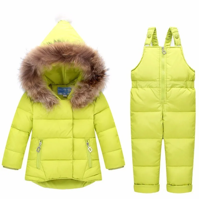 Комплекты детской одежды для русской зимы комбинезон, зимние куртки штаны, 2 предмета, пуховое пальто для маленьких мальчиков, куртка зимняя одежда детская одежда для девочек - Цвет: fluorescence green