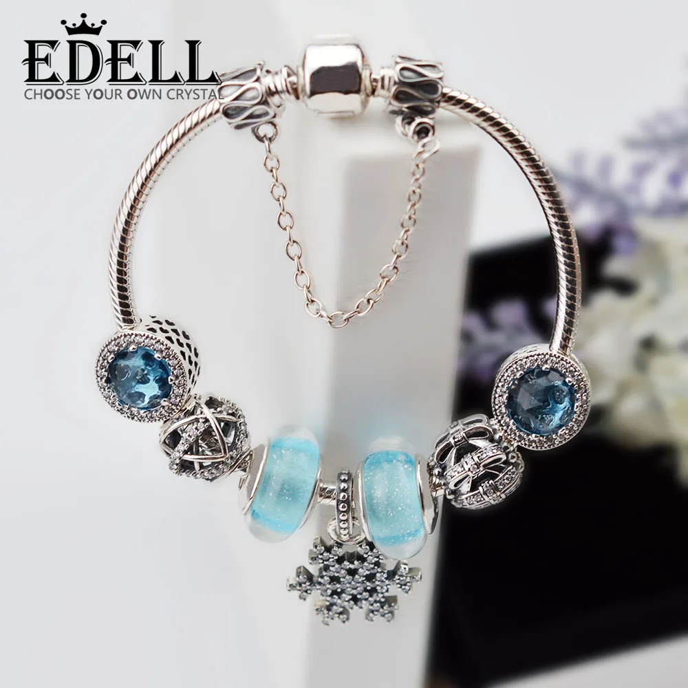

EDELL925 Sterling Silver Fashion Snowflake Charm Bracelet & Bangle European Beads Bracelets For Women Diy Jewelry Christmas Gift