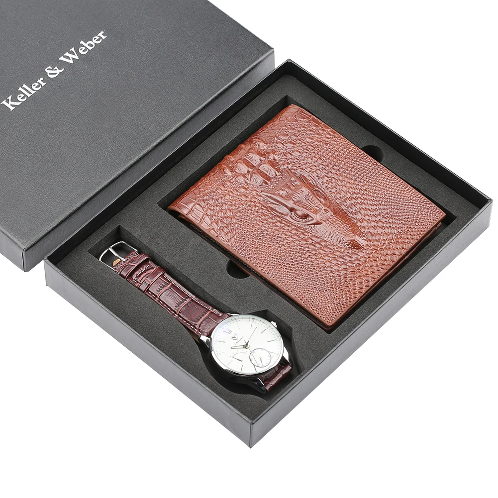 

Genuine Leather Wallet Gift Set Men's Quartz Wristwatch Men Watches Purses Money Clip Credit Card Top Luxury for Dad Boyfriend