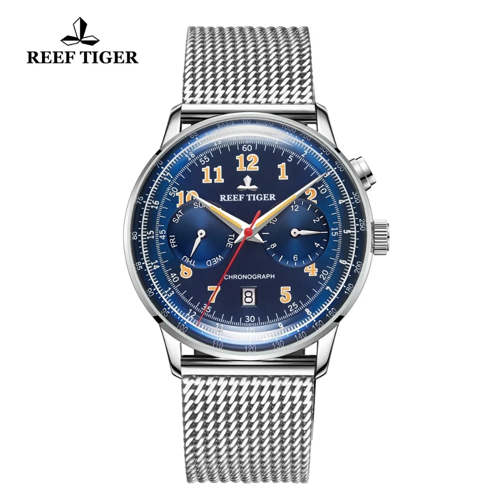 Мужские часы Reef Tiger/RT Классические деловые из нержавеющей стали с голубой обмоткой датой RGA9122|Механические