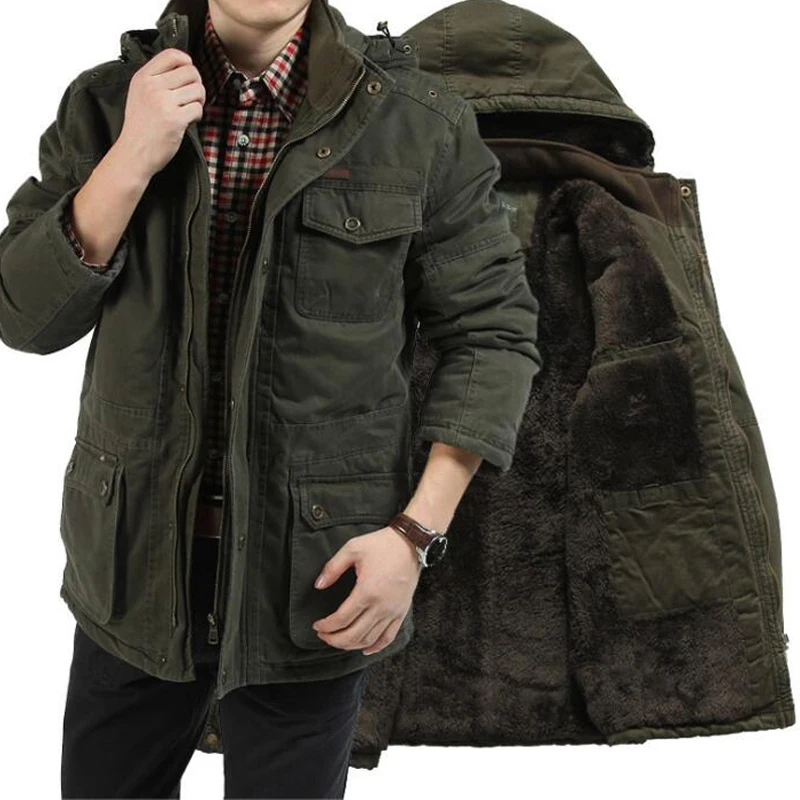 

Winter Jacket Men Casual Thick Velvet Warm Parkas Mens Military Long Multi-Pockets Windbreaker Coat Chaquetas Hombre 5XL Clothes